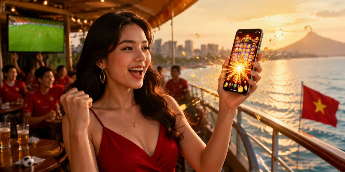 Người dùng tại Vũng Tàu chơi slot game trực tuyến trong quán cà phê ven biển